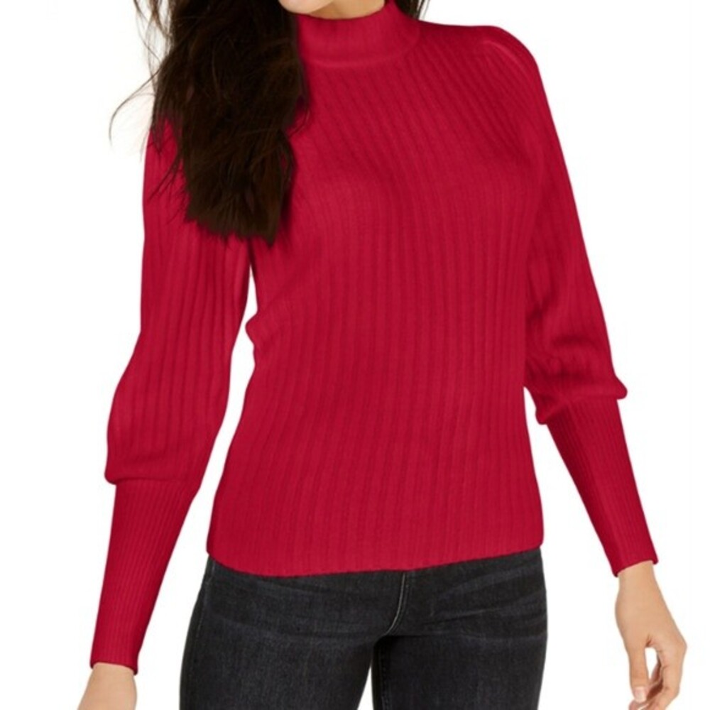 NWT Leyden Ribbed Mock-Neck Pullover Sweater w Puffed Sleeves - Red - L